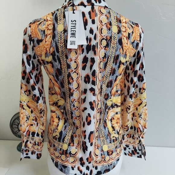 Stylewe Black‎ Yellow Shirt M Button Up Leopard Chain Pattern High Street - Picture 3 of 9
